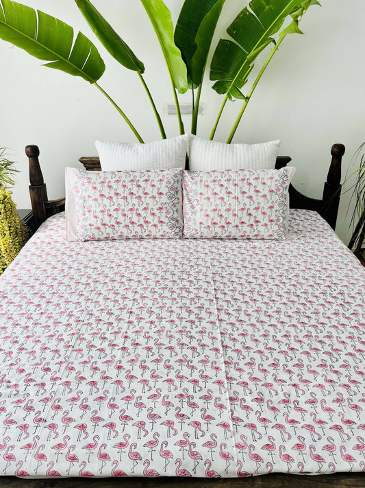 Flamingo Block Printed Cotton Bedsheet