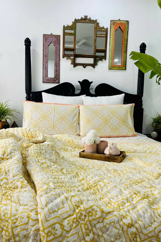 Yellow Moroccan Hand Block Printed Cotton Quilt