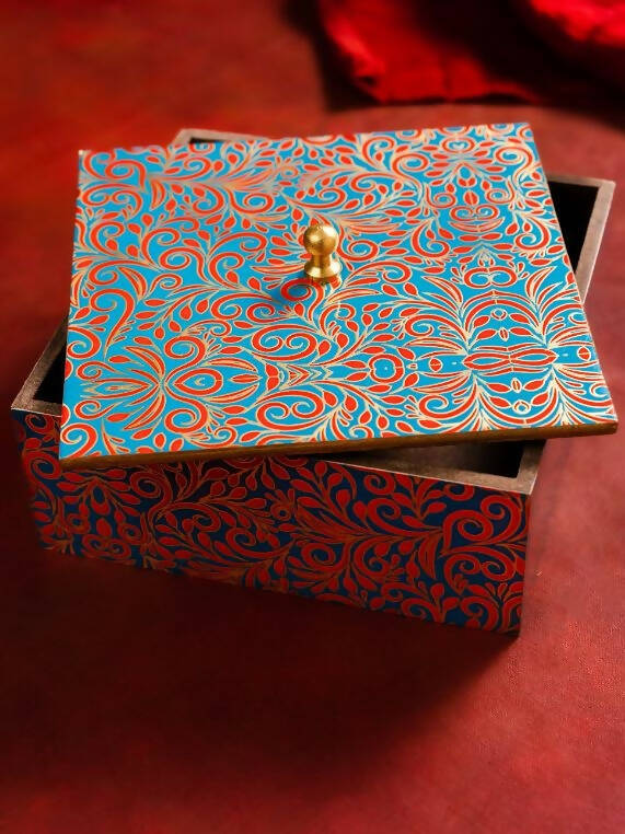 Box Wooden Printed Paisley Blue and Gold