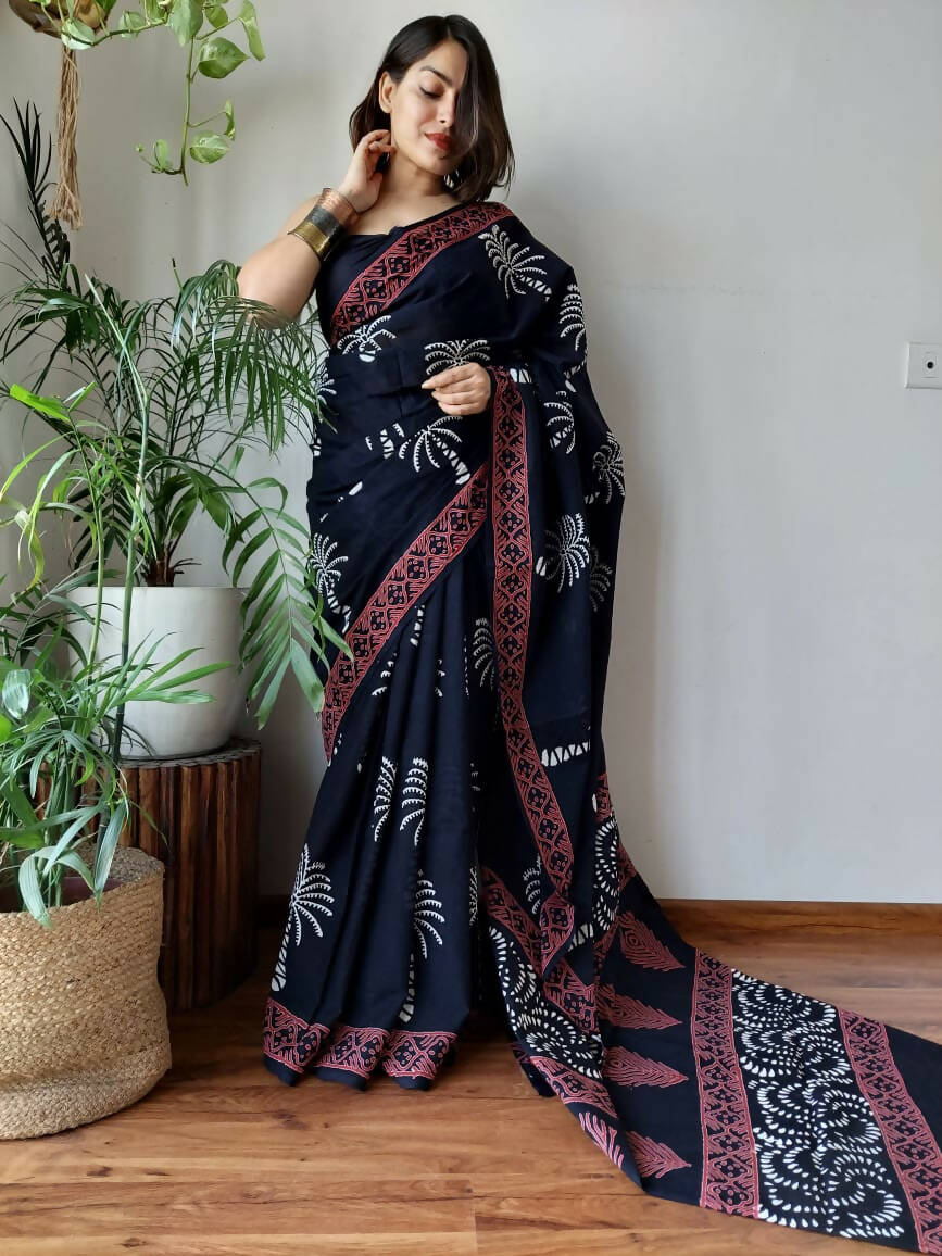 Tropical Charm Black Cotton Pocket Saree