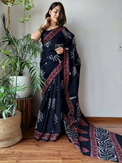 Tropical Charm Black Cotton Pocket Saree