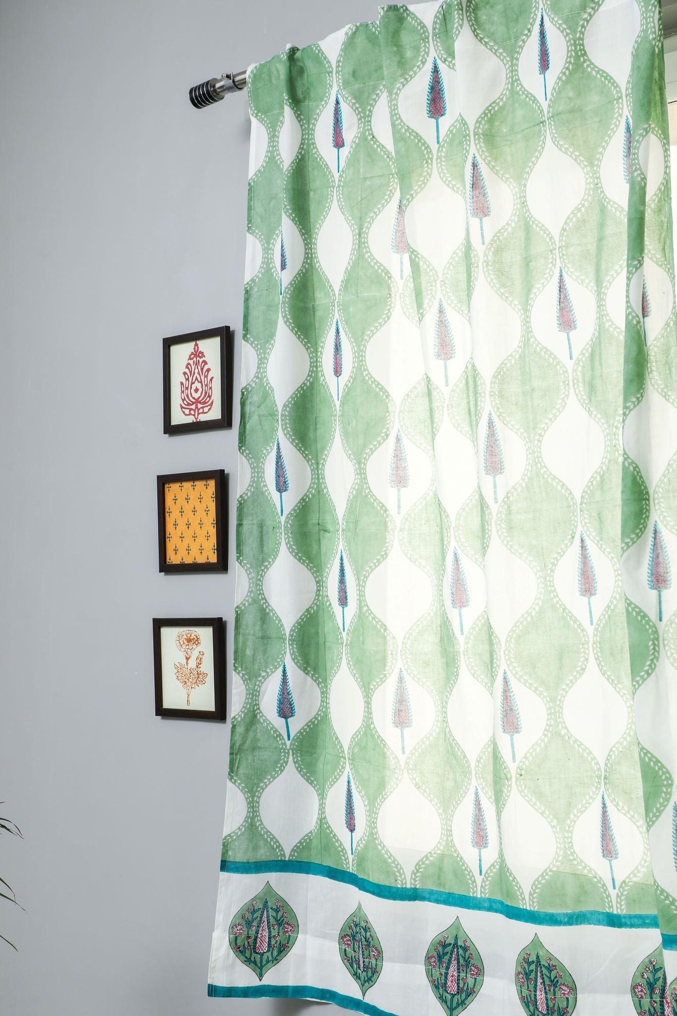 Aloe Palm Handblock Printed Cotton Window Curtain