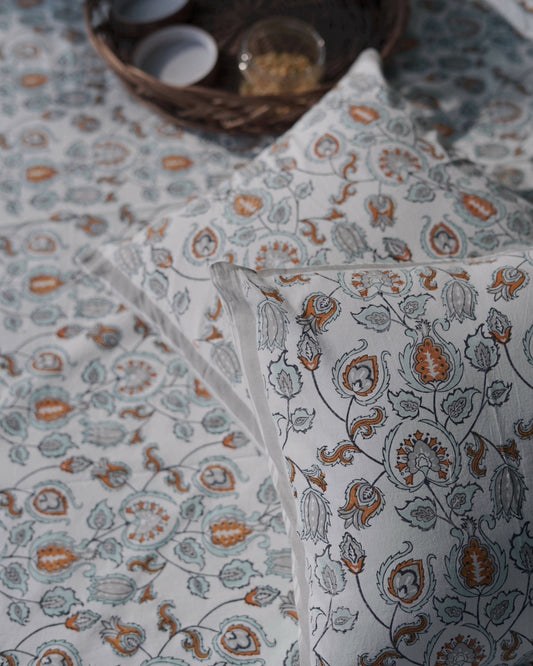 Blue Grey and Orange Arabic Motif Bedsheet Set