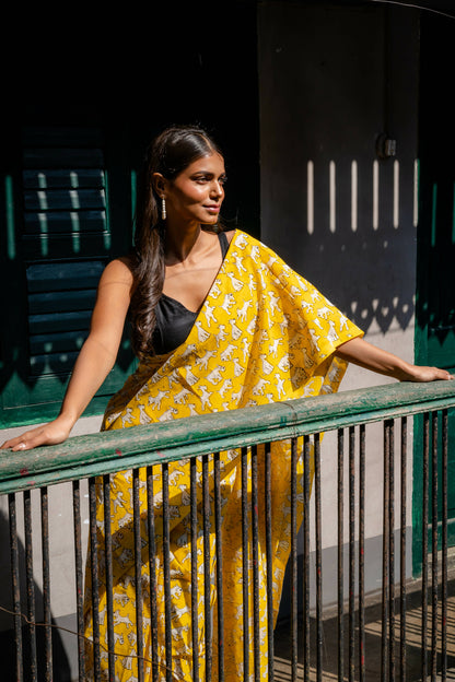 Snowy Yellow Cotton Printed Saree