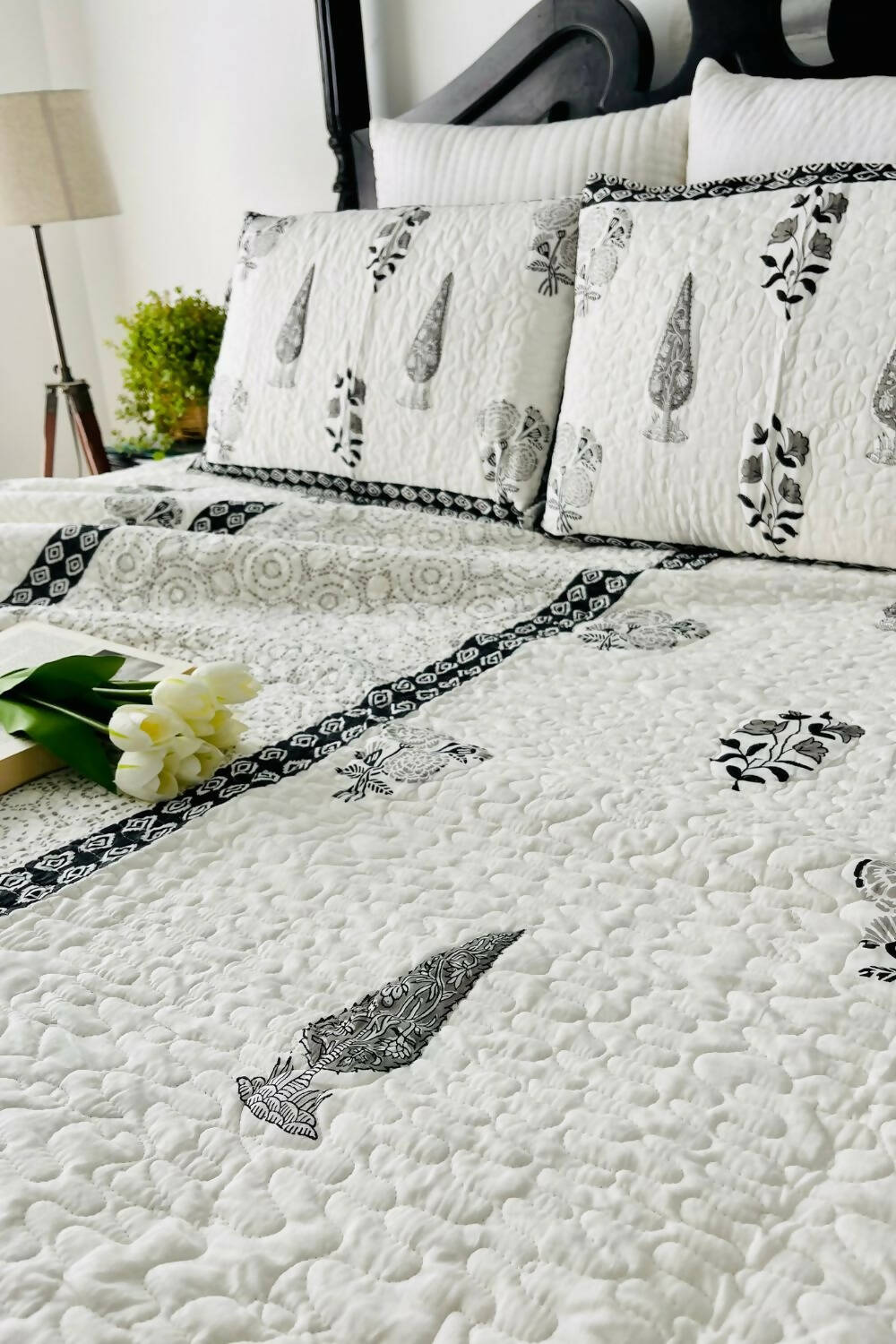 Black Cyprus Handblock Printed Quilted Bedcover