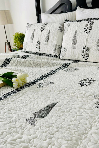 Black Cyprus Handblock Printed Quilted Bedcover