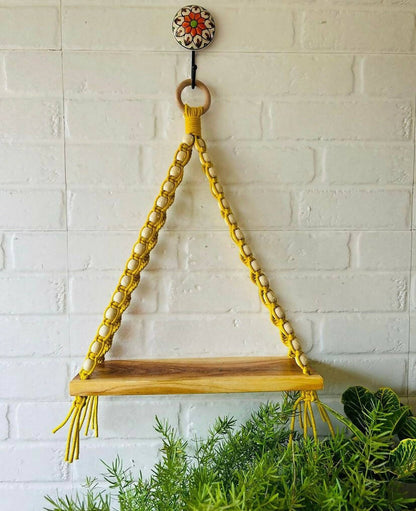 Natural Wood Yellow Beaded Shelf| With Ceramic Planters And Hook