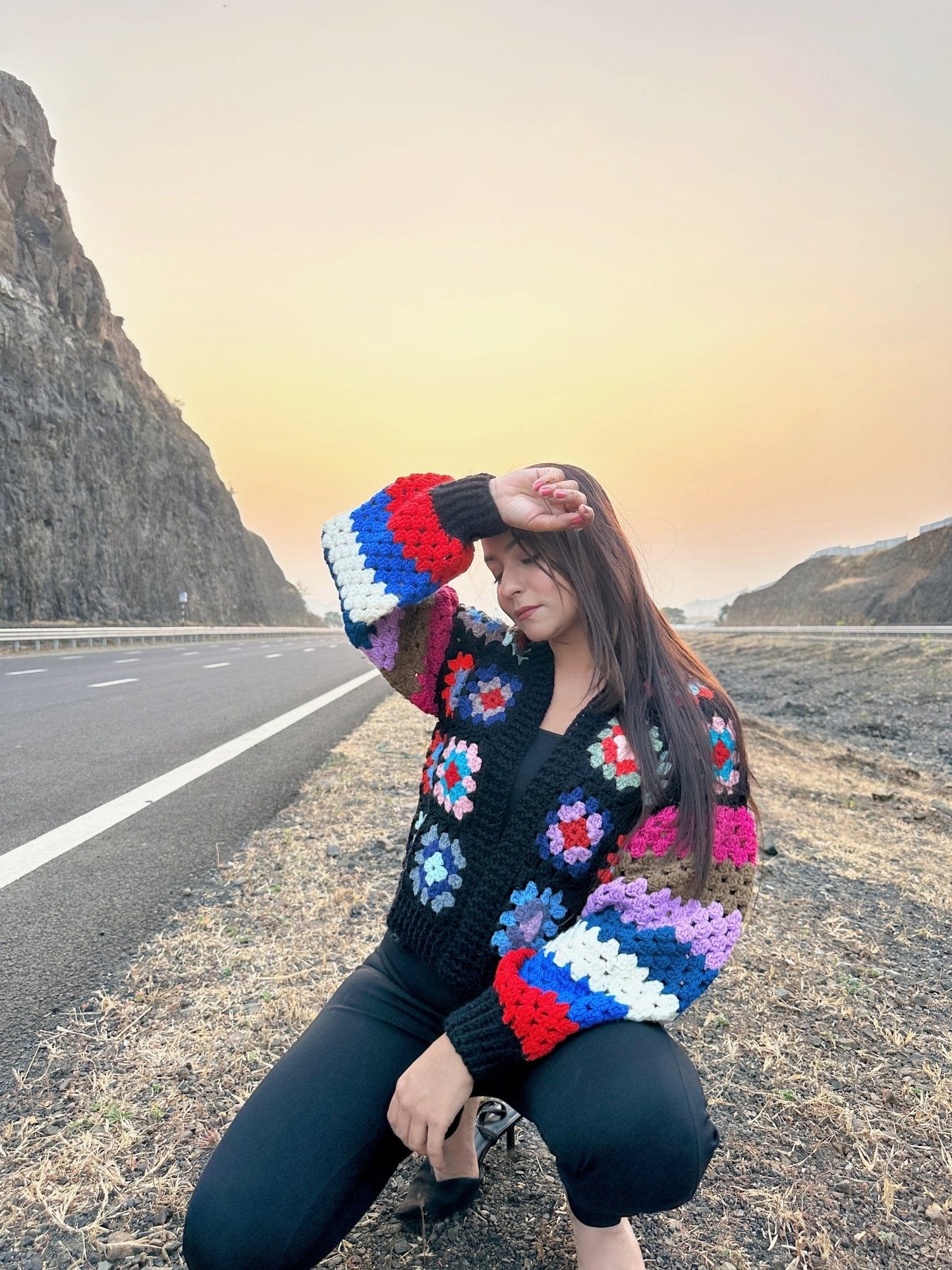 Black Granny-Square With Guth Sleeve Crochet Cardigan