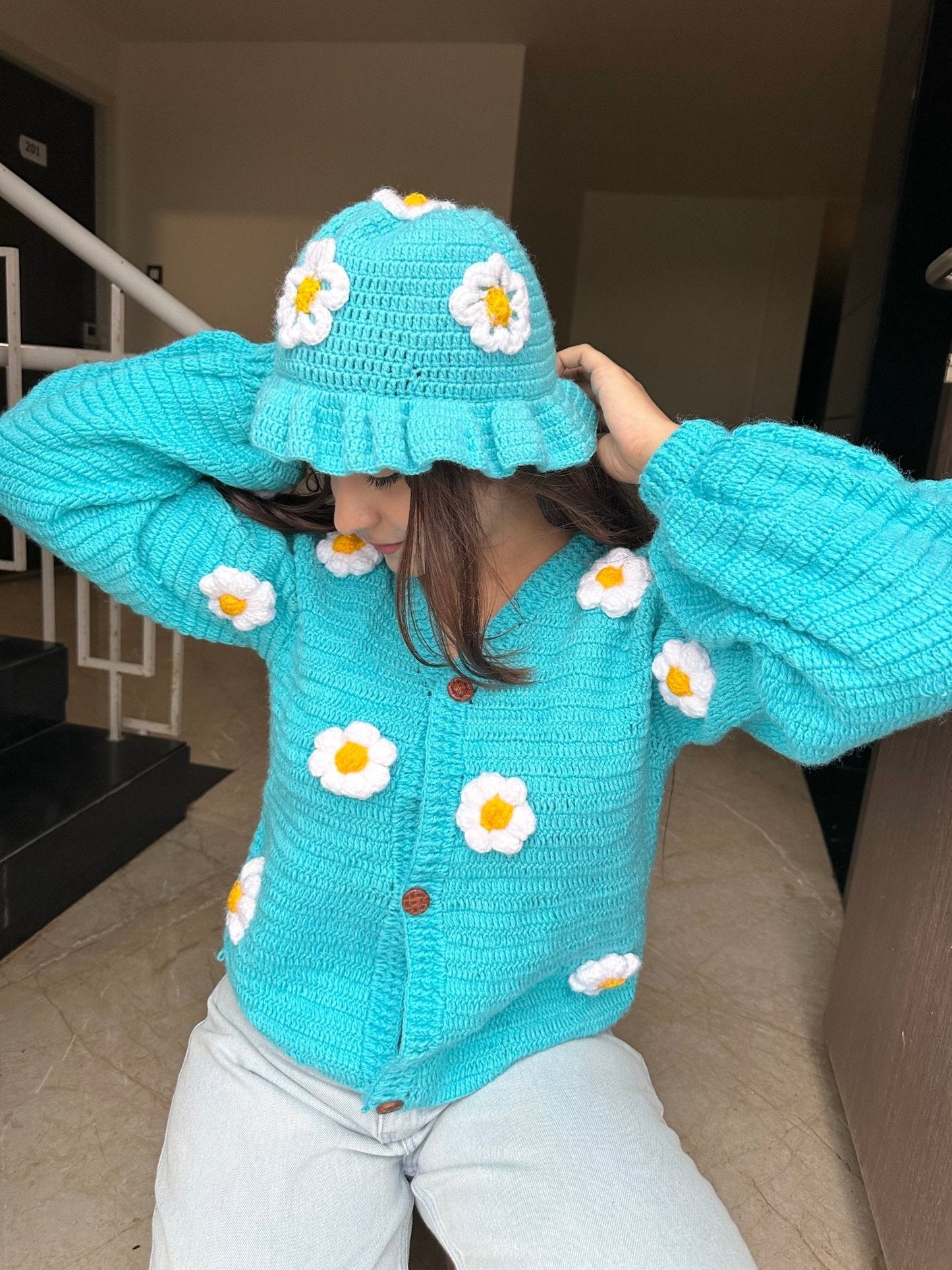 Blue Daisy Crochet Cardigan