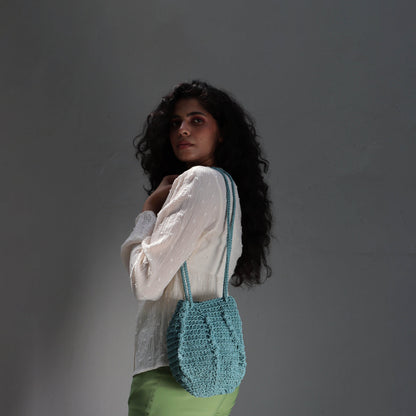 Ash Blue Ribbed crochet shoulder Bag