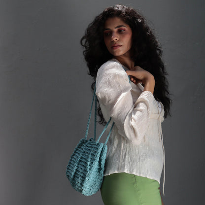 Ash Blue Ribbed crochet shoulder Bag