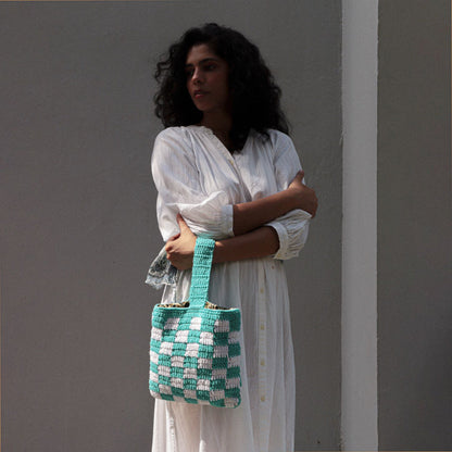 Blue Checkered crochet handbag