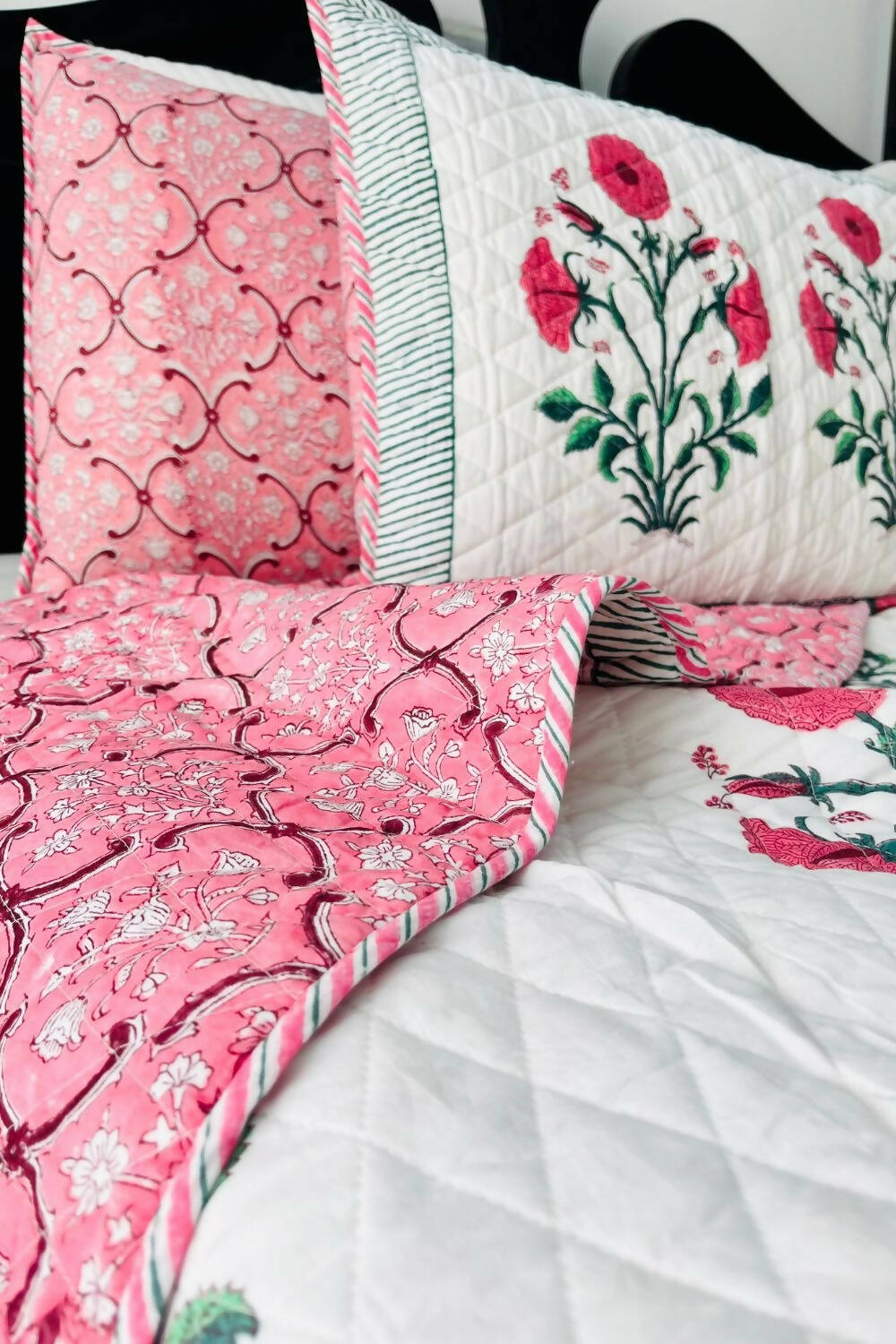 Pink Poppy Handblock Printed Reversible Quilted Bedcover