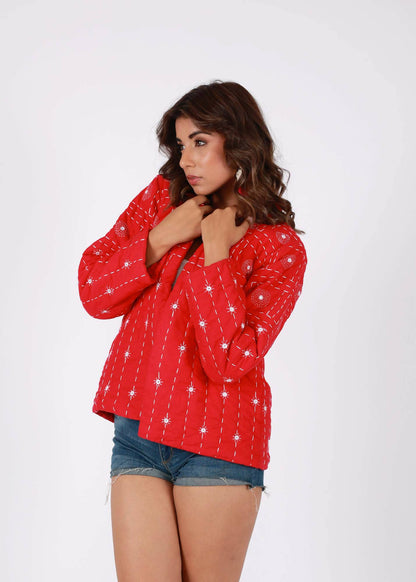 Red Hand Embroidered Thread Work Cotton Layered Jacket