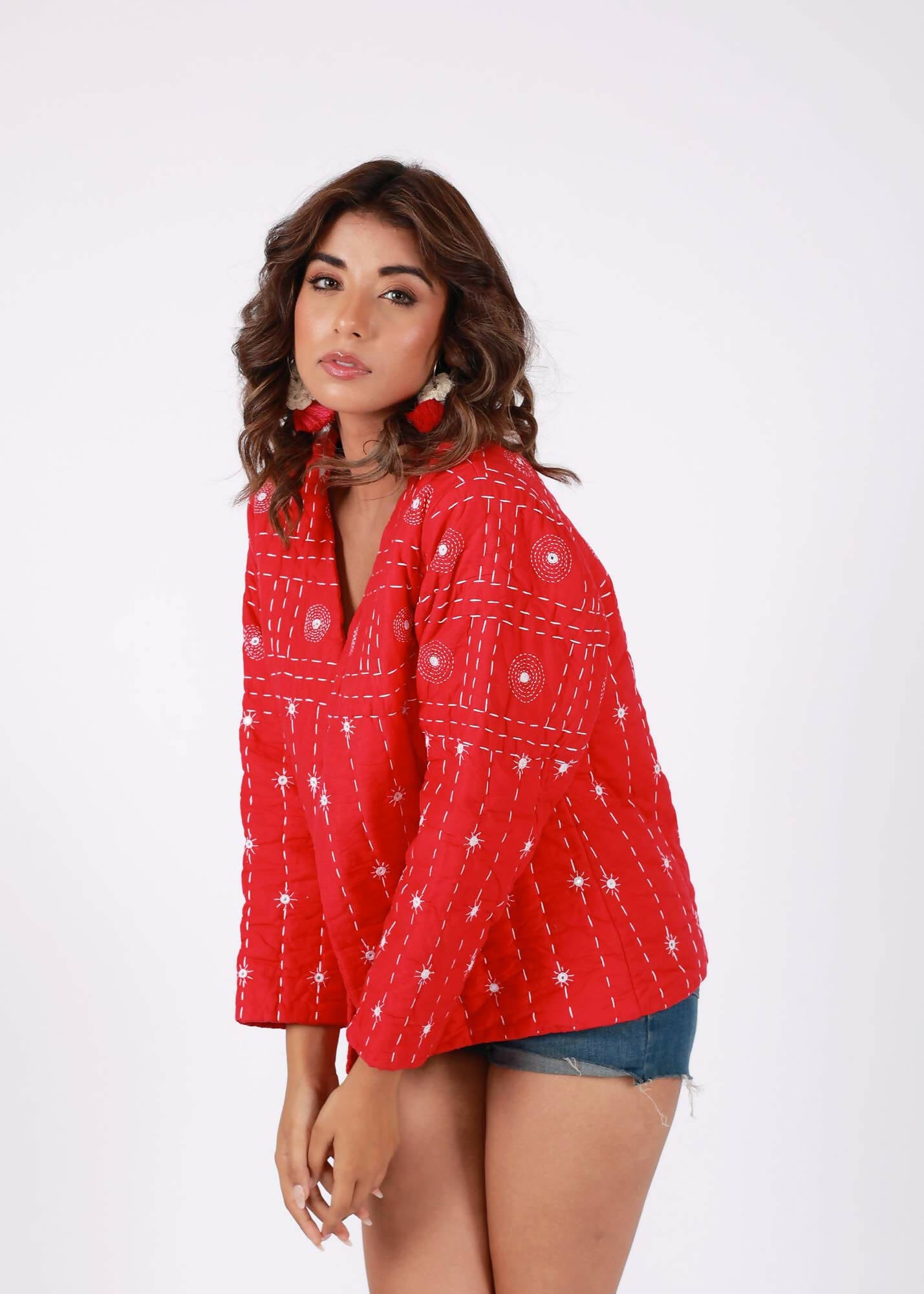 Red Hand Embroidered Thread Work Cotton Layered Jacket