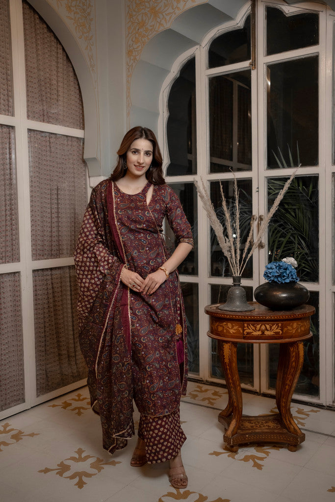 Plum Angrakha Straight Cotton Suit Set