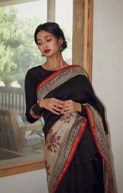 Mumtaz - Black Hand Block Print Chanderi Silk Saree