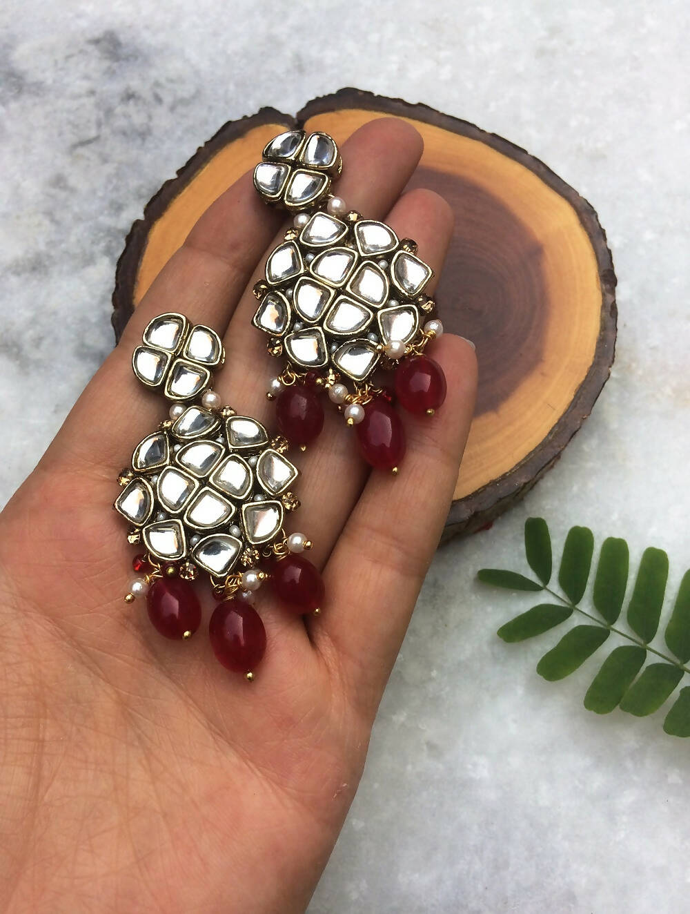 Natural Stone and Kundan Chandelier Earrings