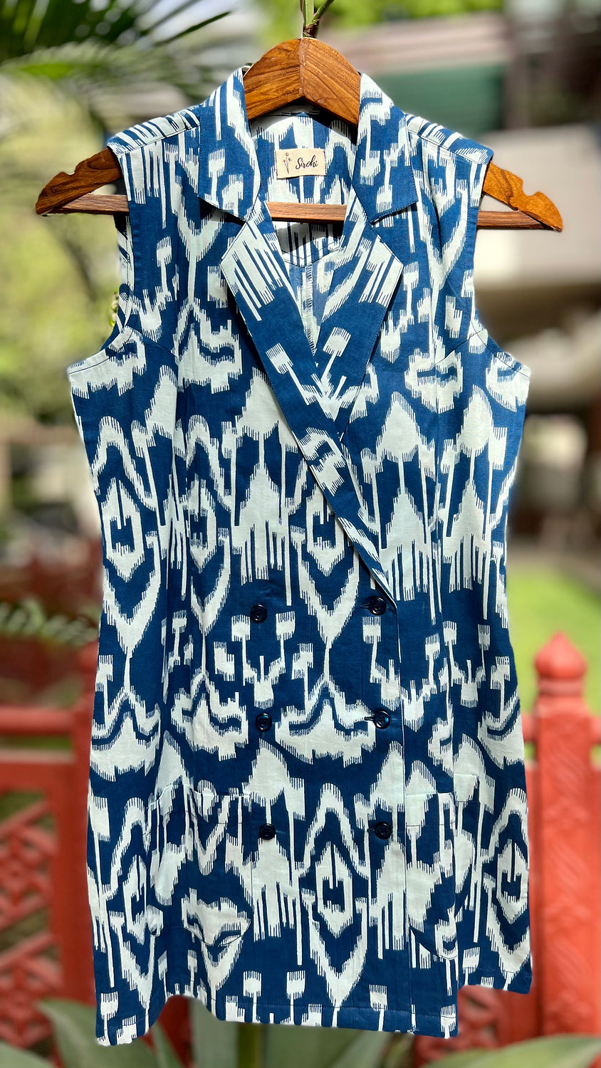 Deep Blue Ikat Double Breasted Long Blazer Set