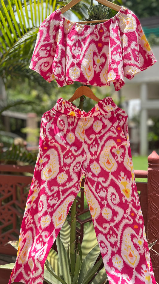 BubbleGum Pink Ikat Bardot Top with Frill Band Pants