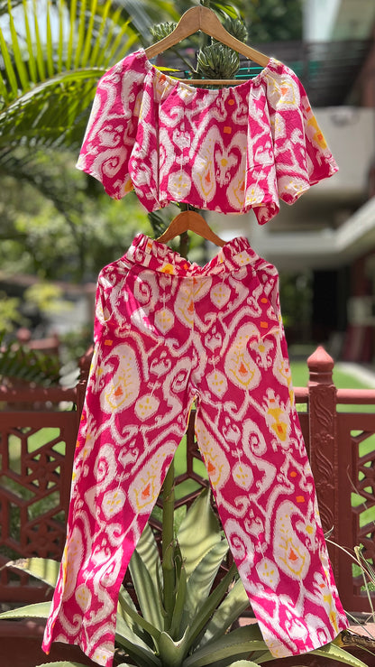 BubbleGum Pink Ikat Bardot Top with Frill Band Pants