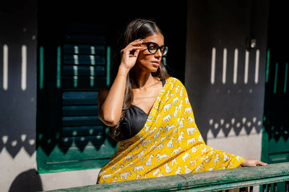 Snowy Yellow Cotton Printed Saree