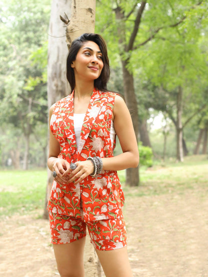 Orange Sleeveless Blazer & Shorts