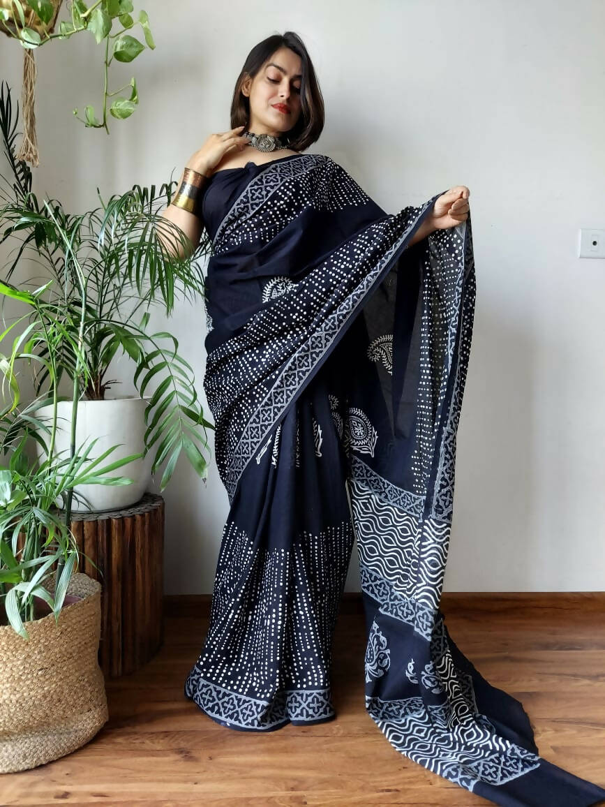 Vintage Vision Black Cotton Pocket Saree