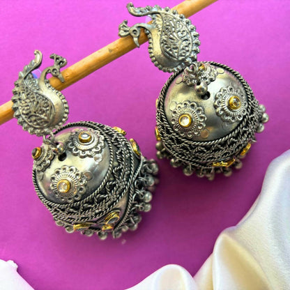 Silver Oxidised Panash Jhumkas/Peacock Oversized Jhumkas