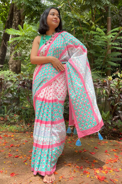 Kingfisher Hand Printed Mul Cotton Saree