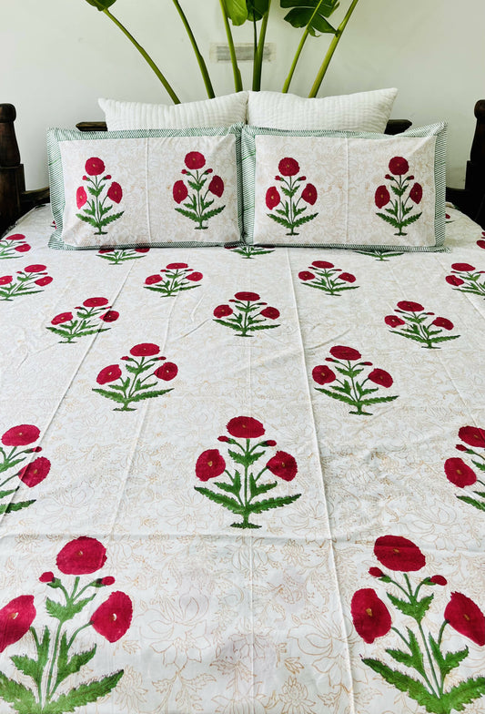 Red Poppy Block Printed Cotton Bedsheet