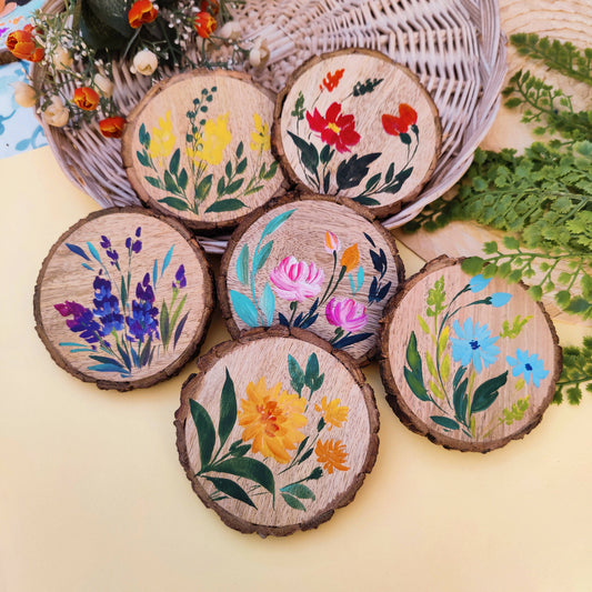 Handpainted Bark Coasters (Floral Set 4)- Set of 6