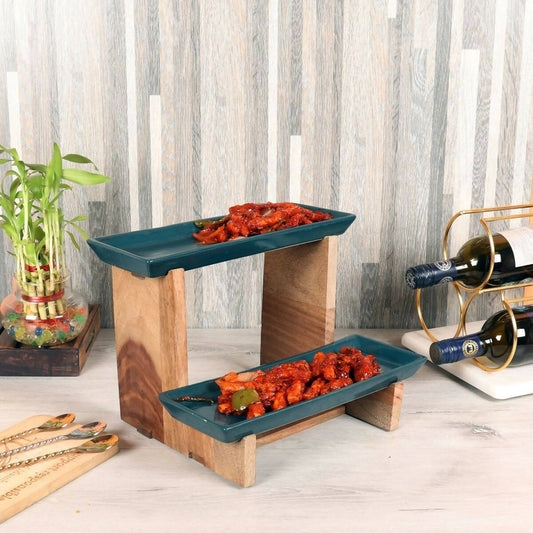 Two Layer Wooden & Ceramic Snacks Platter