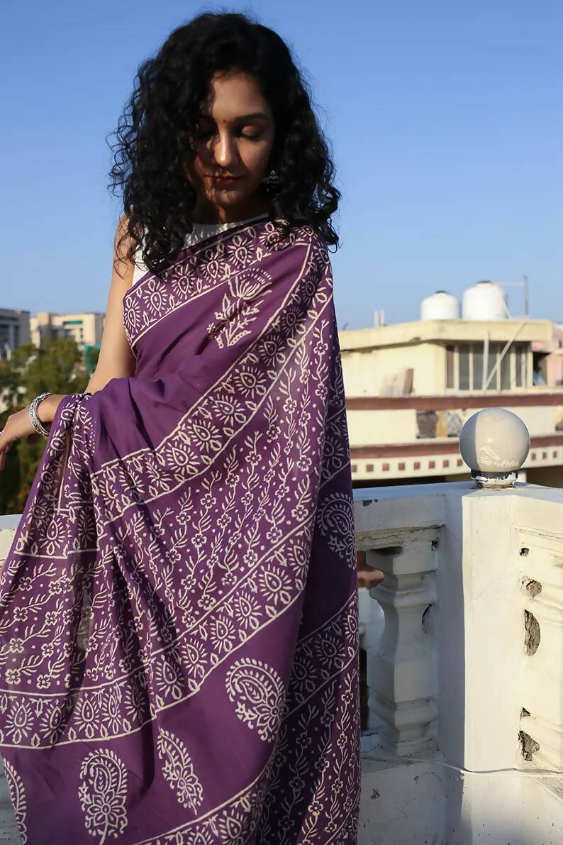 Enchanted Grape - Hand Block Cotton Bagru Saree