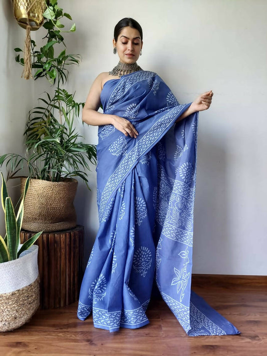 Tranquil Garden Blue Cotton Pocket Saree