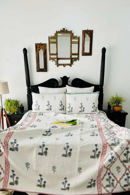 Blue Dandelion Handblock Printed Quilted Bedcover