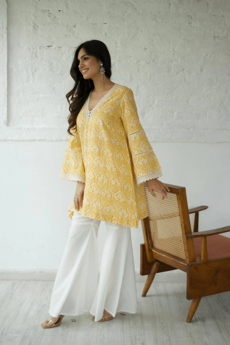 Yellow White Kurta Flared Pant Set