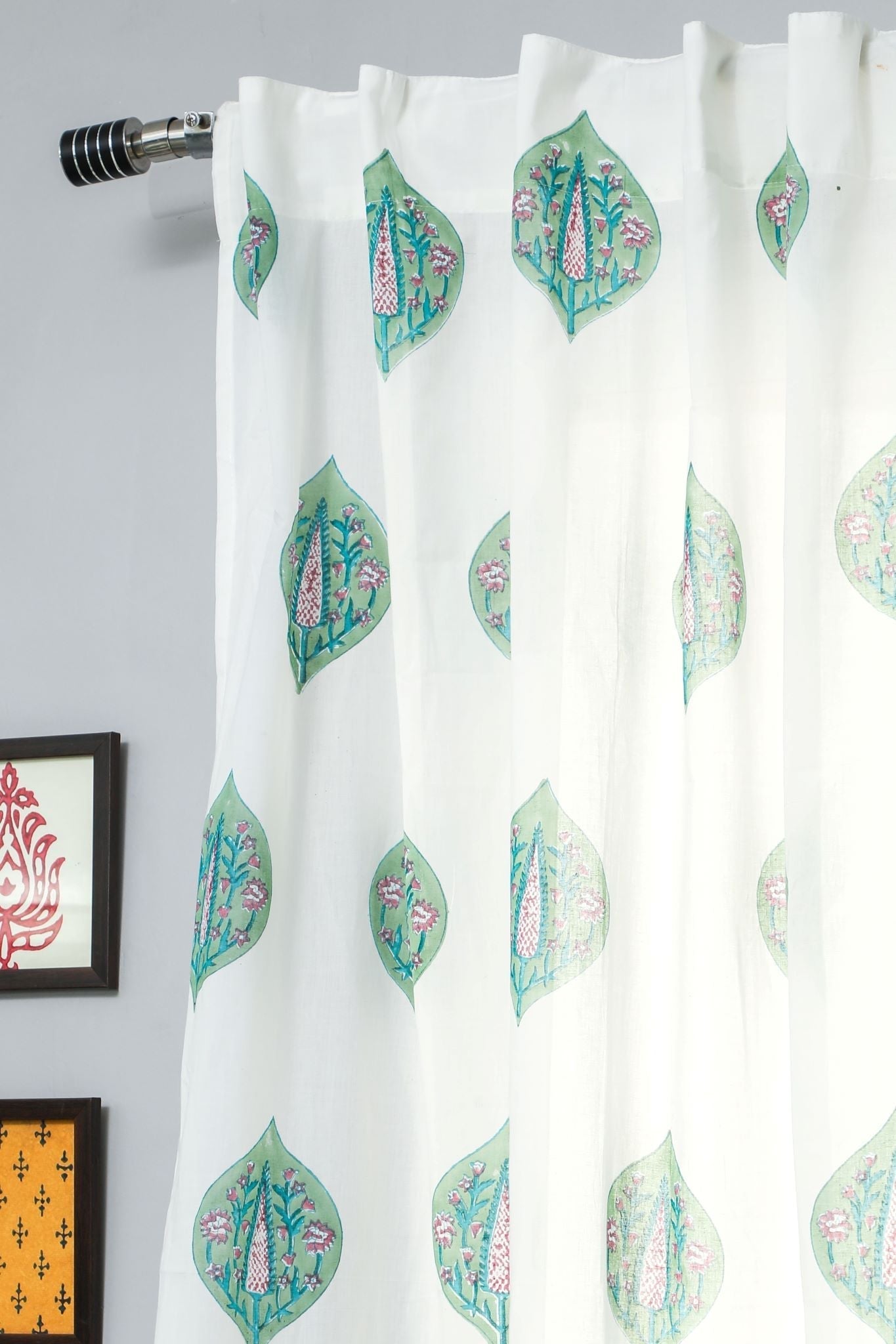 Green Palm Handblock Printed Cotton Window Curtain