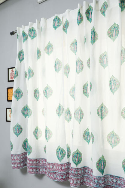 Green Palm Handblock Printed Cotton Window Curtain