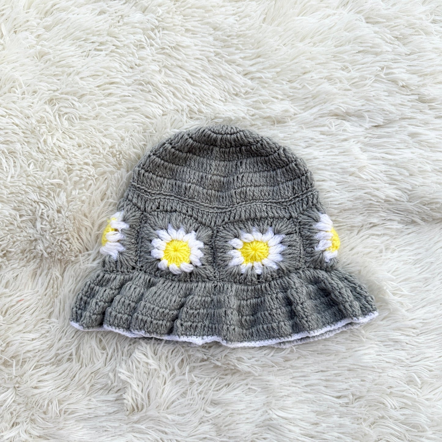 Grey Daisy Crochet Bucket Hat