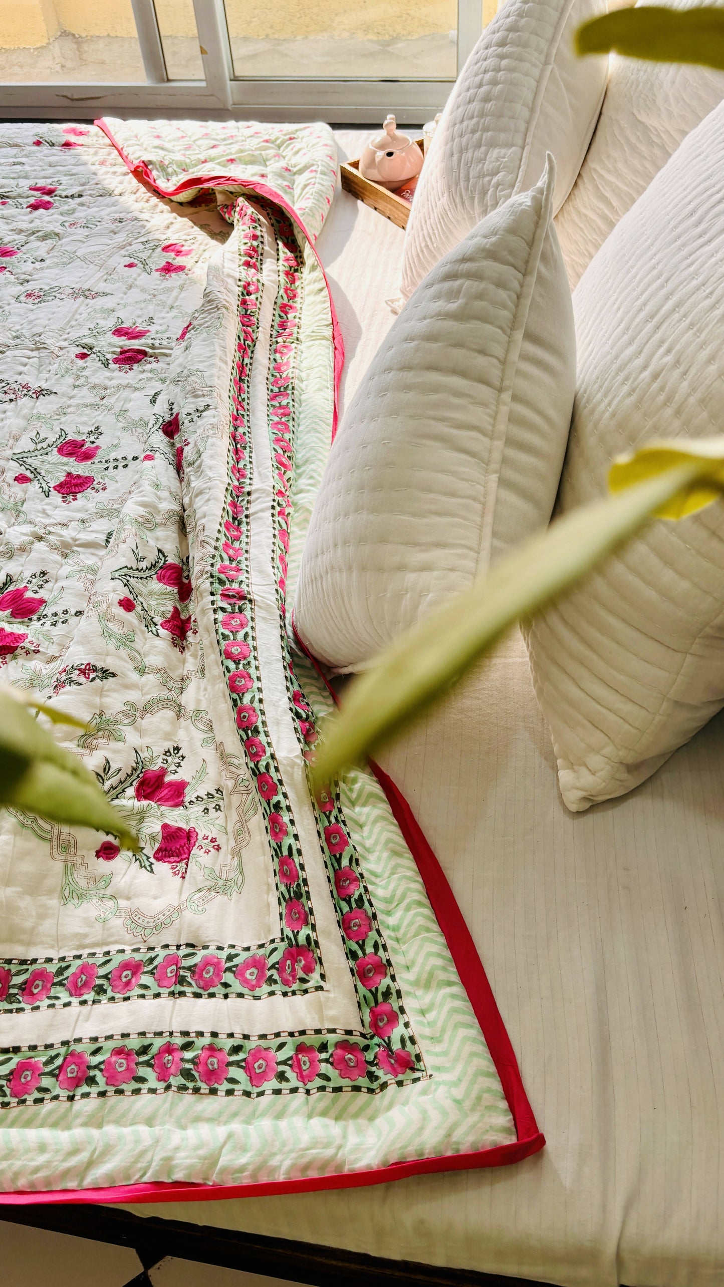 Pink Peony Hand Block Print Reversible Quilt