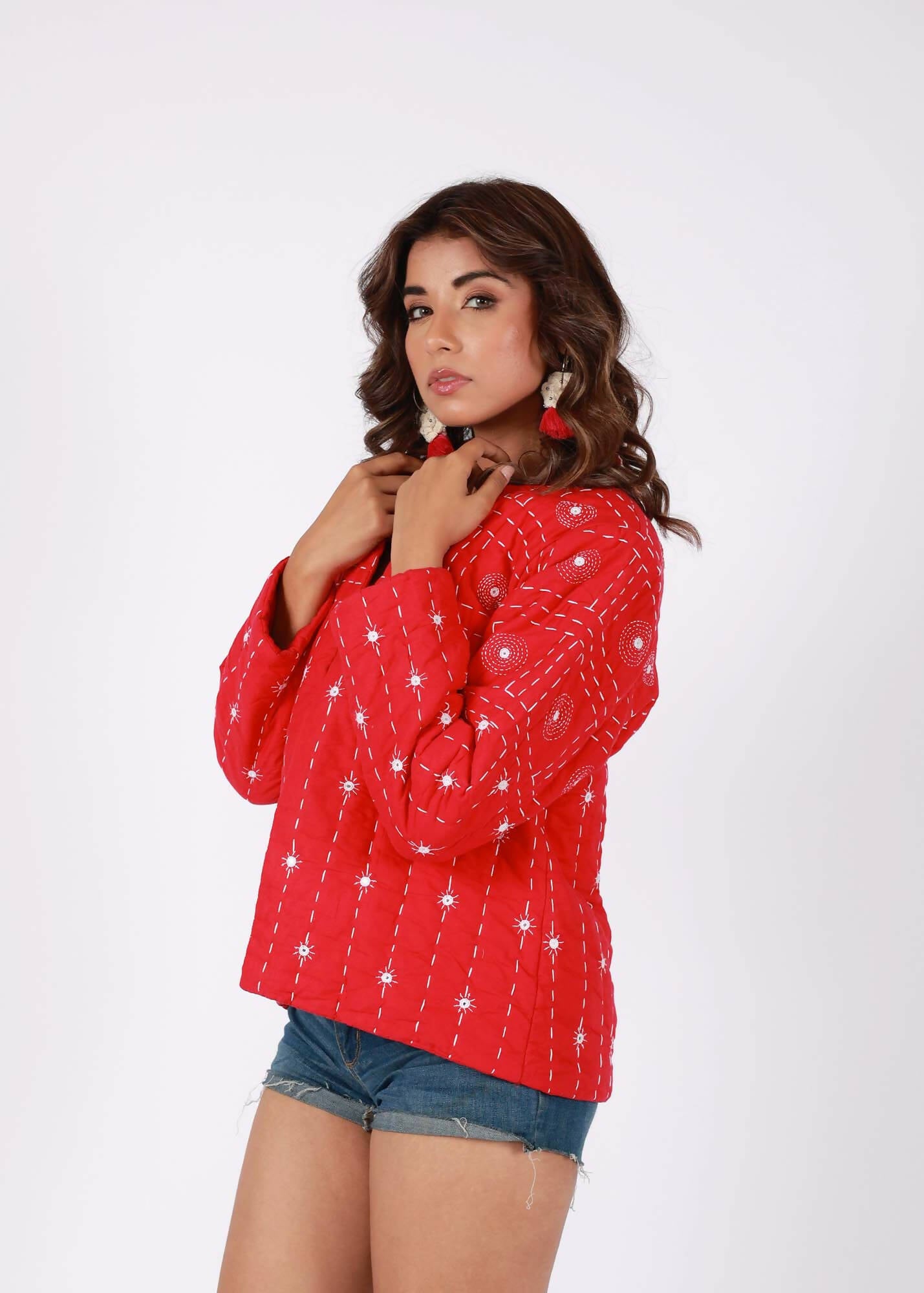 Red Hand Embroidered Thread Work Cotton Layered Jacket