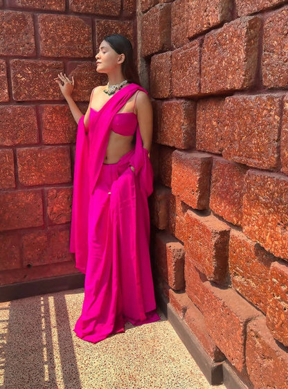 3 Piece Hot Pink Pre-stiched Saree Set