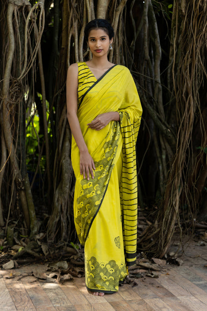 Beira Mar Mul Cotton Yellow Saree