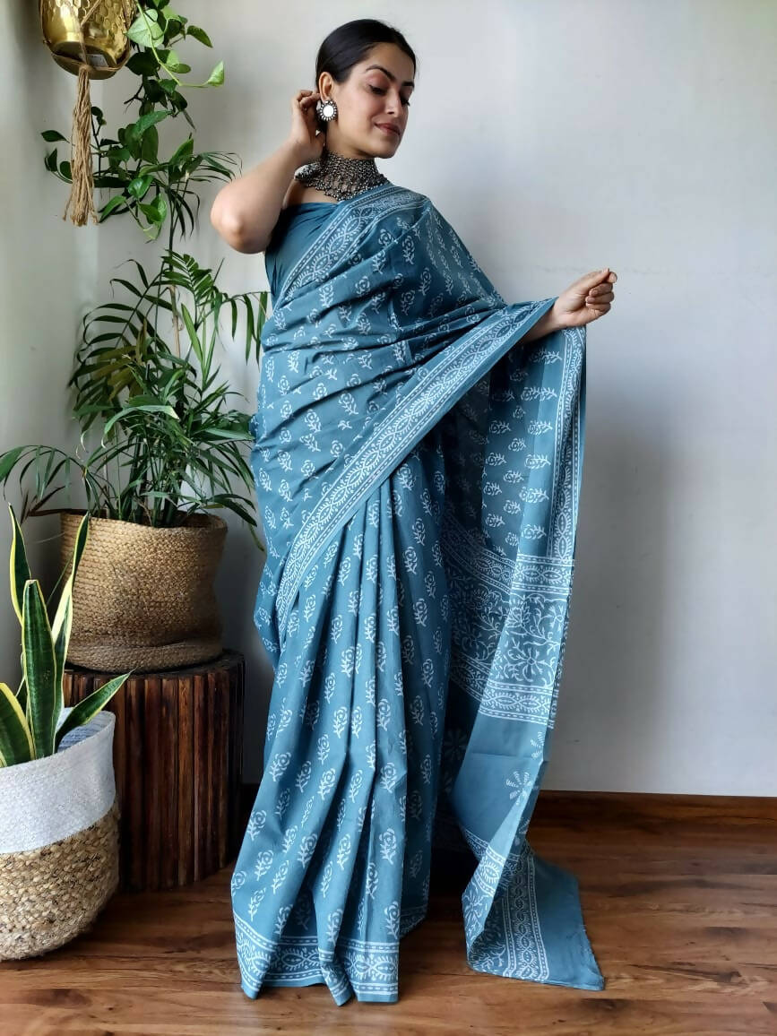 Azure Skies Blue Cotton Pocket Saree