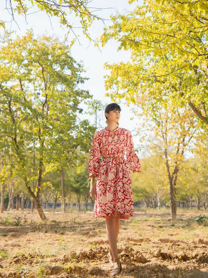 Red Rose Tunic Dress- Red Hand Block Printed Cotton Tunic Dress