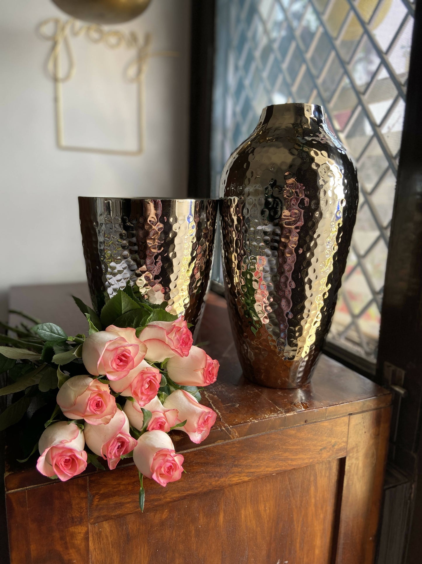 Urn Shape Vase In Hammered Nickel Finish