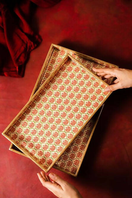 Tray Wooden Printed Moroccon Red and Gold Motif