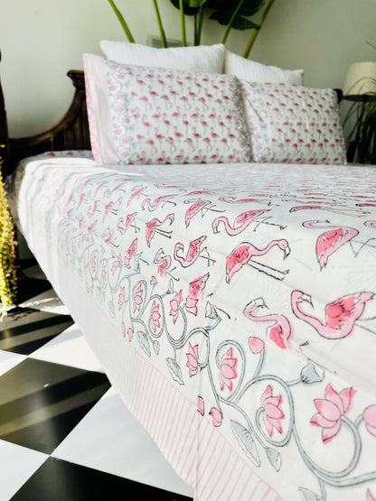 Flamingo Hand Block Printed Cotton Bedding Set