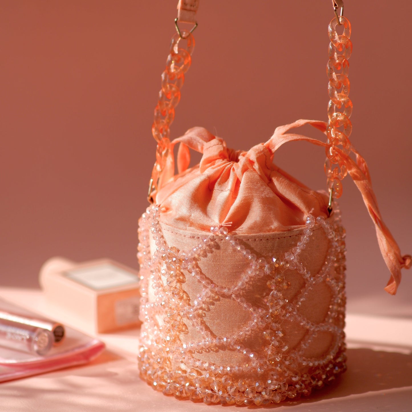 Sunset Pink Crystal Bucket Bag